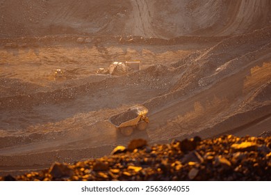 Aerial View of Open-Pit Mining Operation with Industrial Machinery at Sunset.