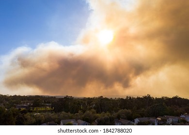 Aerial View Of Orange County California Wildfire Smoke Covering Middle Class Neighborhoods During The Silverado Fire_10