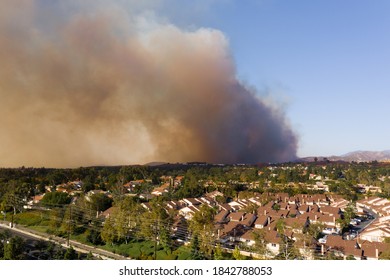 Aerial View Of Orange County California Wildfire Smoke Covering Middleclass Neighborhoods During The Silverado Fire_01