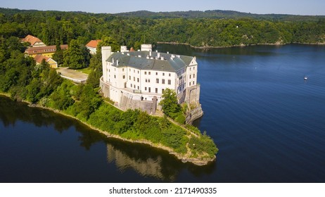 Aerial view of Orlik castle over Orlik reservoir. Beautiful gothic landmark over the lake. Orlik nad Vltavou, South Bohemia, Czech republic. - Shutterstock ID 2171490335