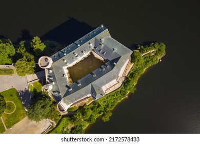 Aerial view of Orlik castle over Orlik reservoir. Beautiful gothic landmark over the lake. Orlik nad Vltavou, South Bohemia, Czech republic. - Shutterstock ID 2172578433