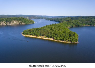 Aerial view of Orlik reservoir. Popular holiday tourist destination. Orlik nad Vltavou, South Bohemia, Czech republic. - Shutterstock ID 2172578429