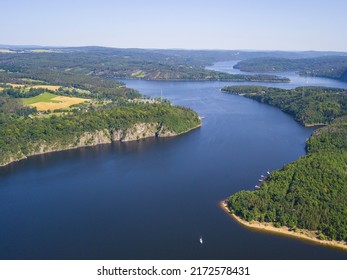 Aerial view of Orlik reservoir. Popular holiday tourist destination. Orlik nad Vltavou, South Bohemia, Czech republic. - Shutterstock ID 2172578431