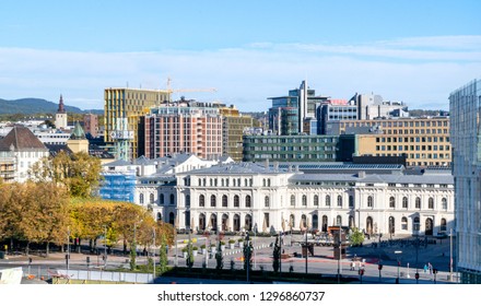 Aerial View Of Oslo Train Station And City Center On A Sunny Autumn Day - Oslo, Norway