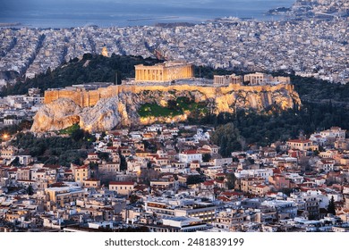 Aerial view over Athens with te Acropolis and harbour from Lycabettus hill, Greece at sunrise - Powered by Shutterstock