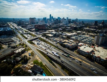 Aerial View Over Austin Texas Interstate 35 Busy Traffic Sunny Day Capital City Cityscape Urban Skyline