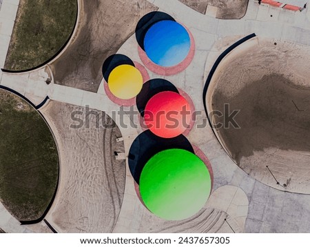 An aerial view over a beach club's colorfully painted buildings with domed roofs. Taken on a sunny day on Long Island New York. Foto stock © 