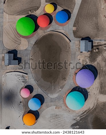 An aerial view over a beach club's colorful buildings with recently painted domed roofs. Taken on a sunny day on Long Island, New York. Foto stock © 