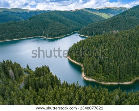 Aerial view over beautiful turquoise mountain lake and green forest. Sumer in the mountains. Green forest, mountain lake. Green pine and fir trees forest and a lake. Beautiful mountain landscape.