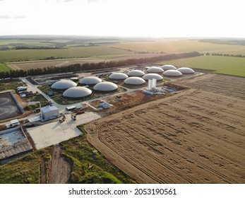 Aerial View Over Biogas Plant And Farm In Green Fields. Renewable Energy From Biomass. Modern Agriculture In Czech Republic And European Union.