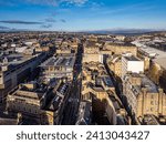 Aerial view over Bradford City Centre, West Yorkshire, including office, commercial and residential buildings.