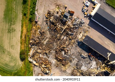 Aerial View Over A Burnt Down Building Ruins - Top Down, Drone Shot