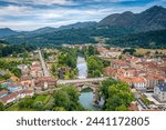 Aerial View Over Cangas de Onís, Asturias, Picos de Europa , Spain