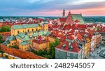 aerial view over the castle square in warsaw overlooking the old town in spring at dawn