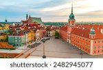 aerial view over the castle square in warsaw overlooking the old town in spring at dawn