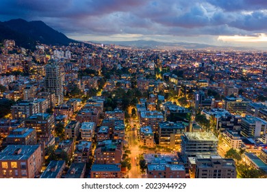 Aerial view over the Chico neighborhood of Bogota at night