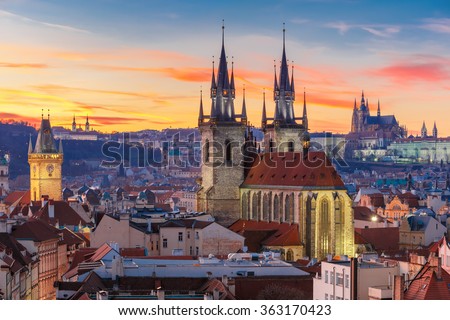Aerial view over Church of Our Lady before Tyn, Old Town and Prague Castle at sunset in Prague, Czech Republic 