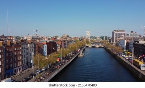 Aerial View Over The City Of Dublin And River Liffey - Drone Footage