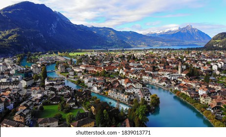 Aerial View Over The City Of Interlaken In Switzerland - Amazing Drone Footage