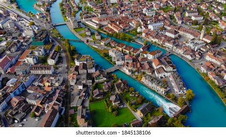 Aerial View Over The City Of Interlaken In Switzerland - Amazing Drone Footage