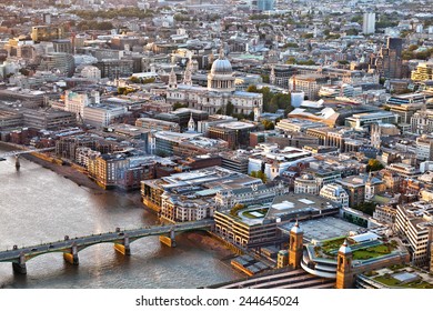 Aerial View Over City Of London, St Pauls Cathedral, Thames River At Sunset