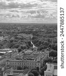 An aerial view over the City of Westminster with the Foreign, Commonwealth and Development Office in the forefront and St James Park and Buckingham Palace as a backdrop.