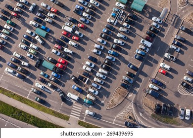 Aerial View Over Crowded  Parking Lot Near Supermarket In Poland