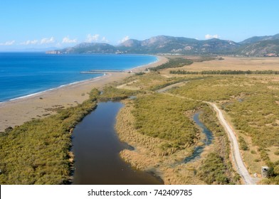 Aerial View Over Dalaman River And Beach Toward Sarigerme On The Meditteranean Coast Of Turkey.