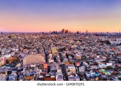 Aerial View Over Developed Tokyo City Suburbs Around Shibuya At Sunrise With Soft Pink Sunlight.