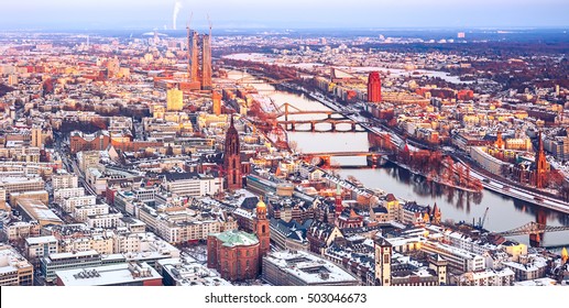 Aerial View Over Frankfurt Am Main At Winter