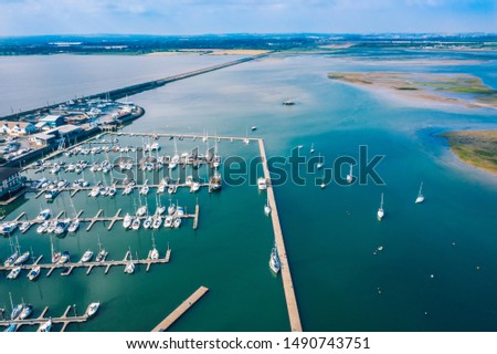 Aerial view over the harbour in the irish town of Malahide, Dublin county, Ireland. Beautiful summer view over the irish coastline