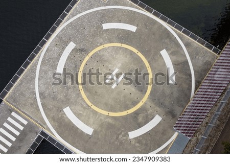 Aerial view over a heliport.