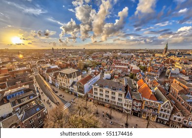 Aerial View over historic part of Groningen city at sunset