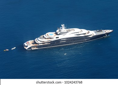 Aerial View Over A Huge Private Yacht In The Caribbean Sea.