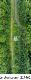 An Aerial View Over A Large Tower And Electrical Power Lines In The Midst Of Tall Green Trees On A Sunny Morning On Long Island, NY.