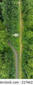 An Aerial View Over A Large Tower And Electrical Power Lines In The Midst Of Tall Green Trees On A Sunny Morning On Long Island, NY.