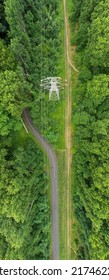 An Aerial View Over A Large Tower And Electrical Power Lines In The Midst Of Tall Green Trees On A Sunny Morning On Long Island, NY.