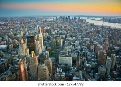 Aerial view over lower Manhattan, New York at sunset
