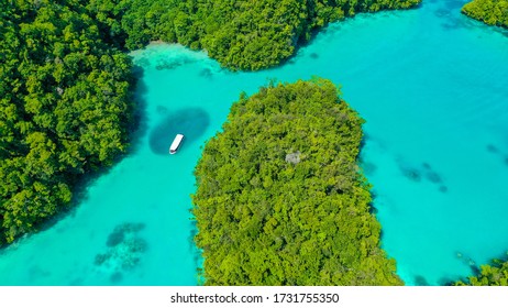 Aerial View Over The Milk Way In The Rock Islands Close To The Jelly Fish Lake In Palau.