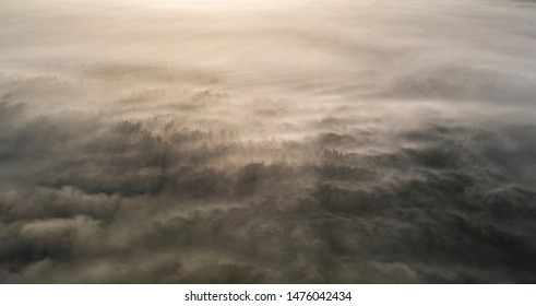 Aerial View Over Misty Sunrise Landscape Of Forested Dunes And Peatland In Luitemaa Nature Reserve, Pärnu County, Estonia