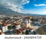 Aerial view over the old historical center of Kalamata seaside city, Greece by the Castle of Kalamata, Greece