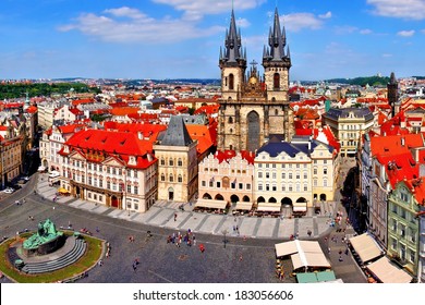 Aerial view over Old Town Square, Prague, Czech Republic                     