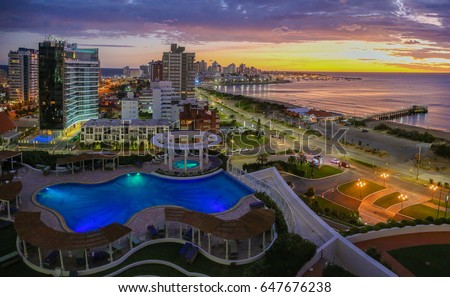 Aerial view over Punta Del Este and Atlantic Ocean on sunset. Uruguay.