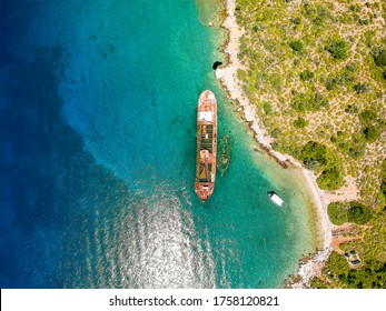 Aerial View Over Rusty Shipwreck Of An Old Cargo Boat At Peristera Island Near Alonnisos, Sporades, Greece