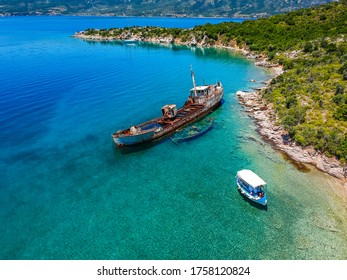 Aerial View Over Rusty Shipwreck Of An Old Cargo Boat At Peristera Island Near Alonnisos, Sporades, Greece