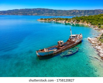 Aerial View Over Rusty Shipwreck Of An Old Cargo Boat At Peristera Island Near Alonnisos, Sporades, Greece