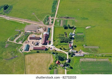 Aerial View Over Small Farm