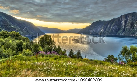 Aerial View over Storfjord from Stranda viewpoint at sunset in province of More og Romsdal Norway Stock photo © 