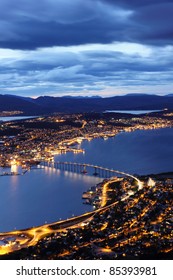 Aerial View Over Tromso Bridge - Linking The Mainland (Tromsdalen) With The City Central Island (Tromsøya)