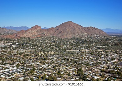 Aerial view over upscale suburban neighborhoods at Camelback Mountain